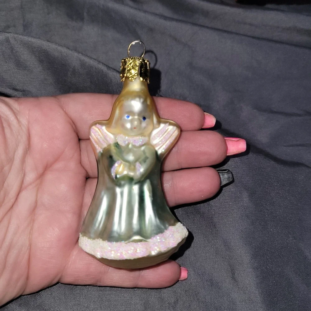 Vintage Hand Blown Glass Christmas Ornament Cherub Angel Green German